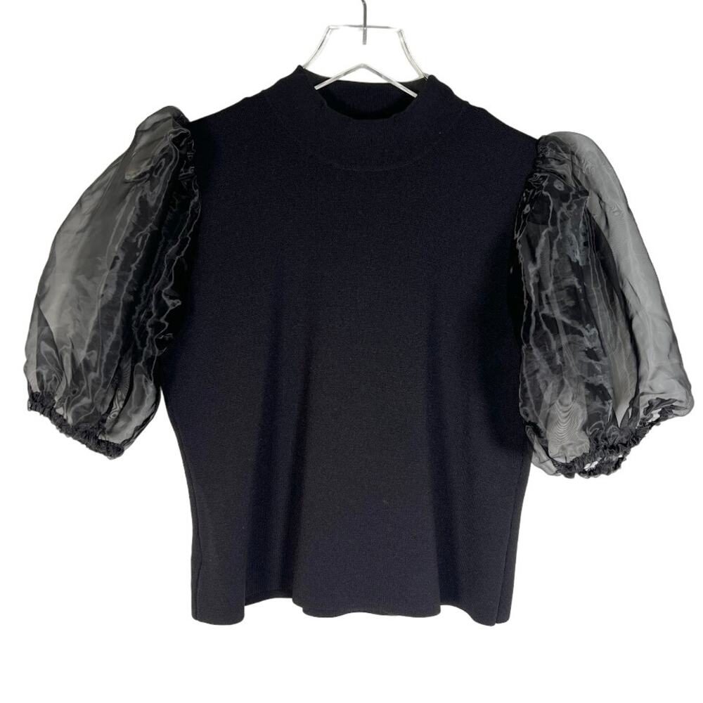 House of Harlow 1960 Women's Sheer Puff Sleeve Mock Neck Knit Top L Black Party